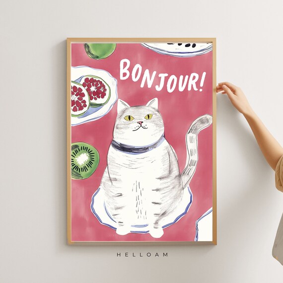 Bonjour White Cat Pink Background Fig Kiwi Cute French Kitchen Poster