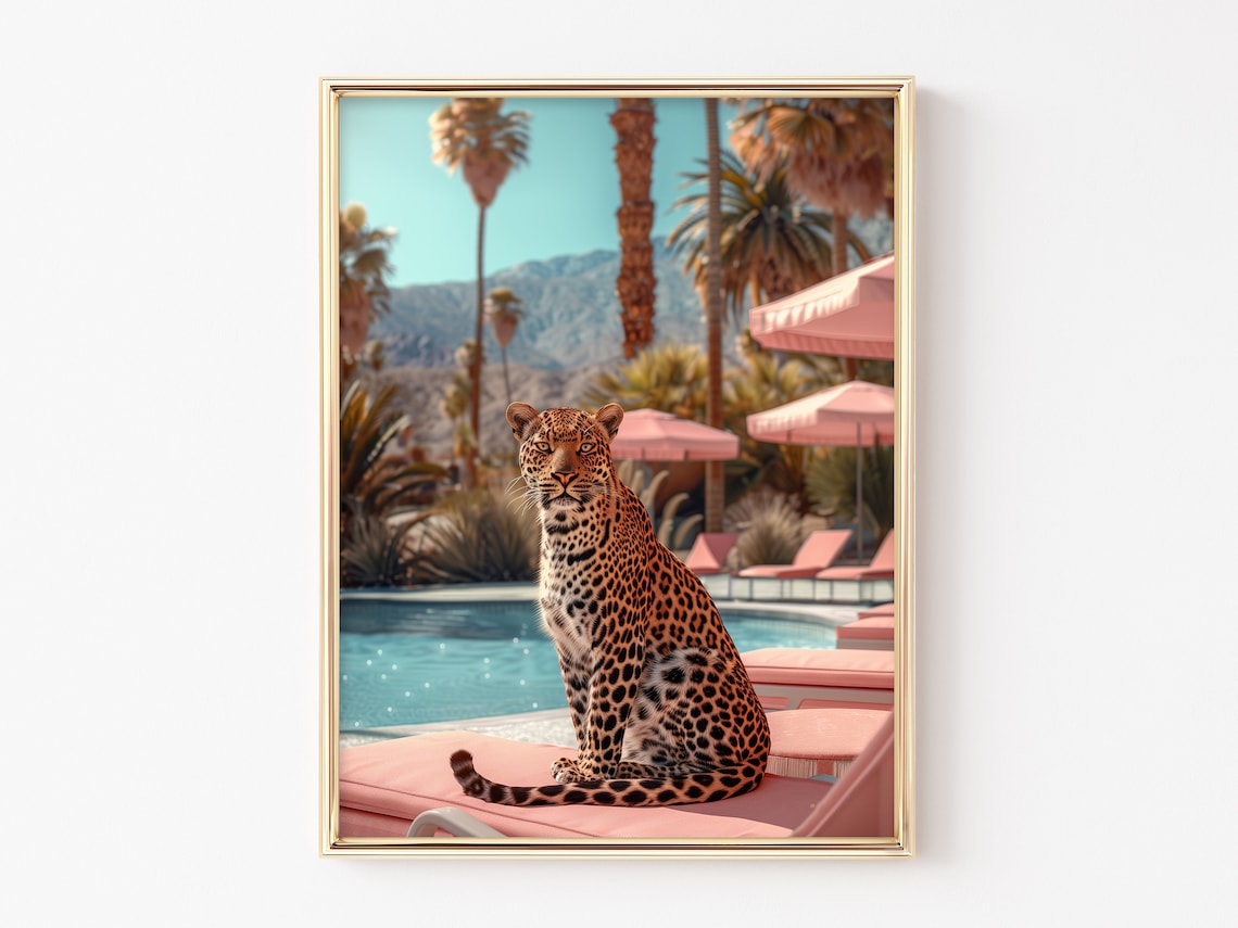 Glamorous Leopard Perched on a Pink Poolside Lounger Palm Springs Poster