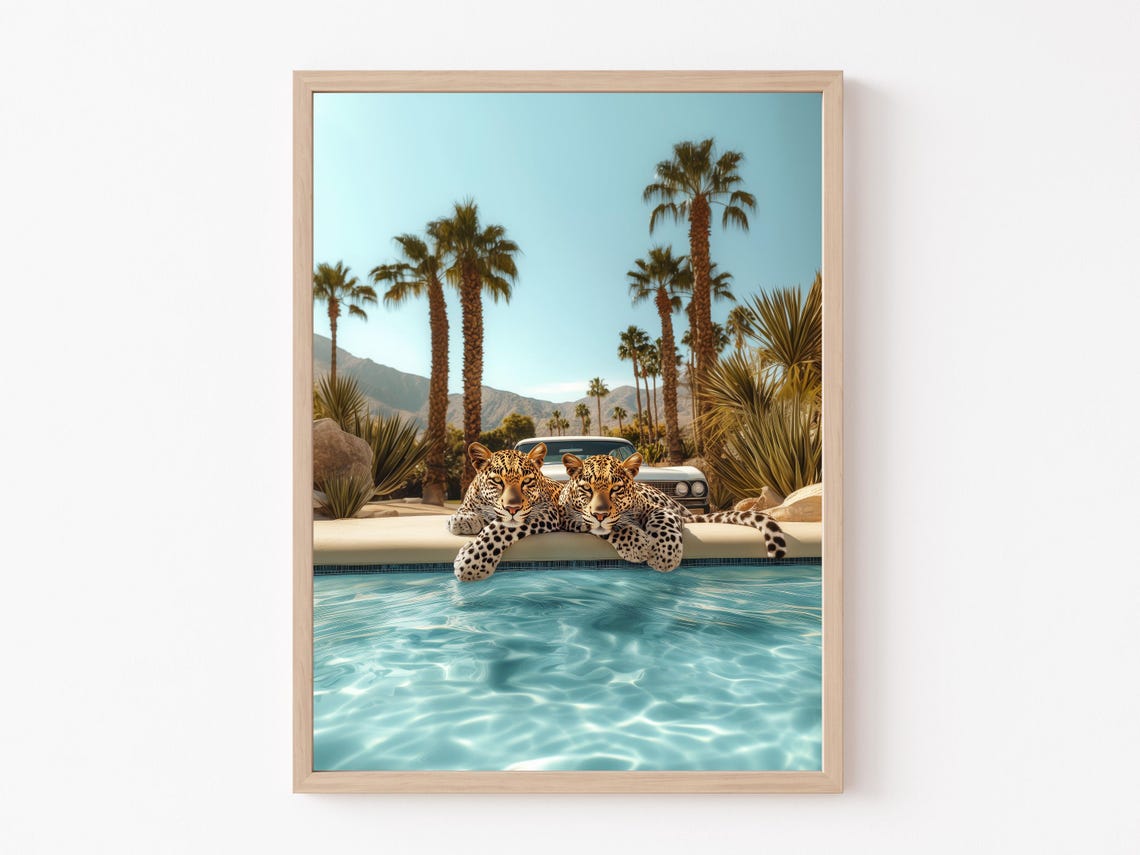 Two Leopards Resting at a Palm Springs Pool with Retro Car Poster