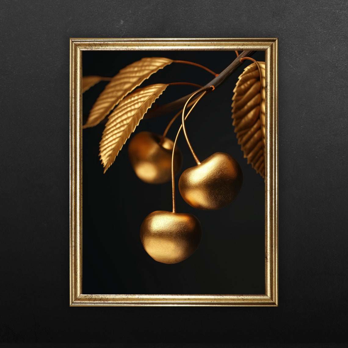 Shimmering Golden Cherries Branch Black And Gold Botanical Wall Art - Image 2