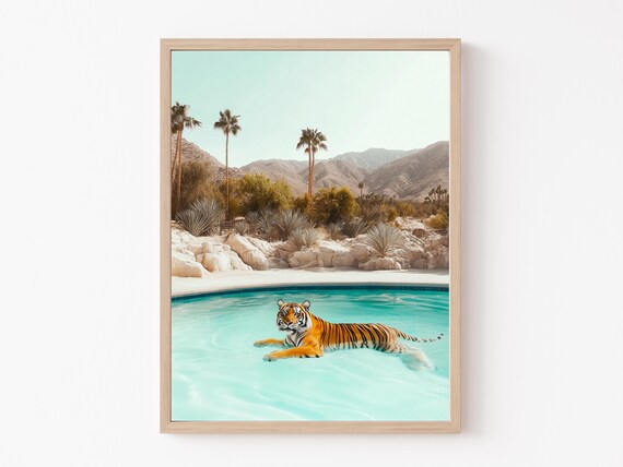 Tiger Swimming in a Palm Springs Pool Beneath Desert Mountains Poster