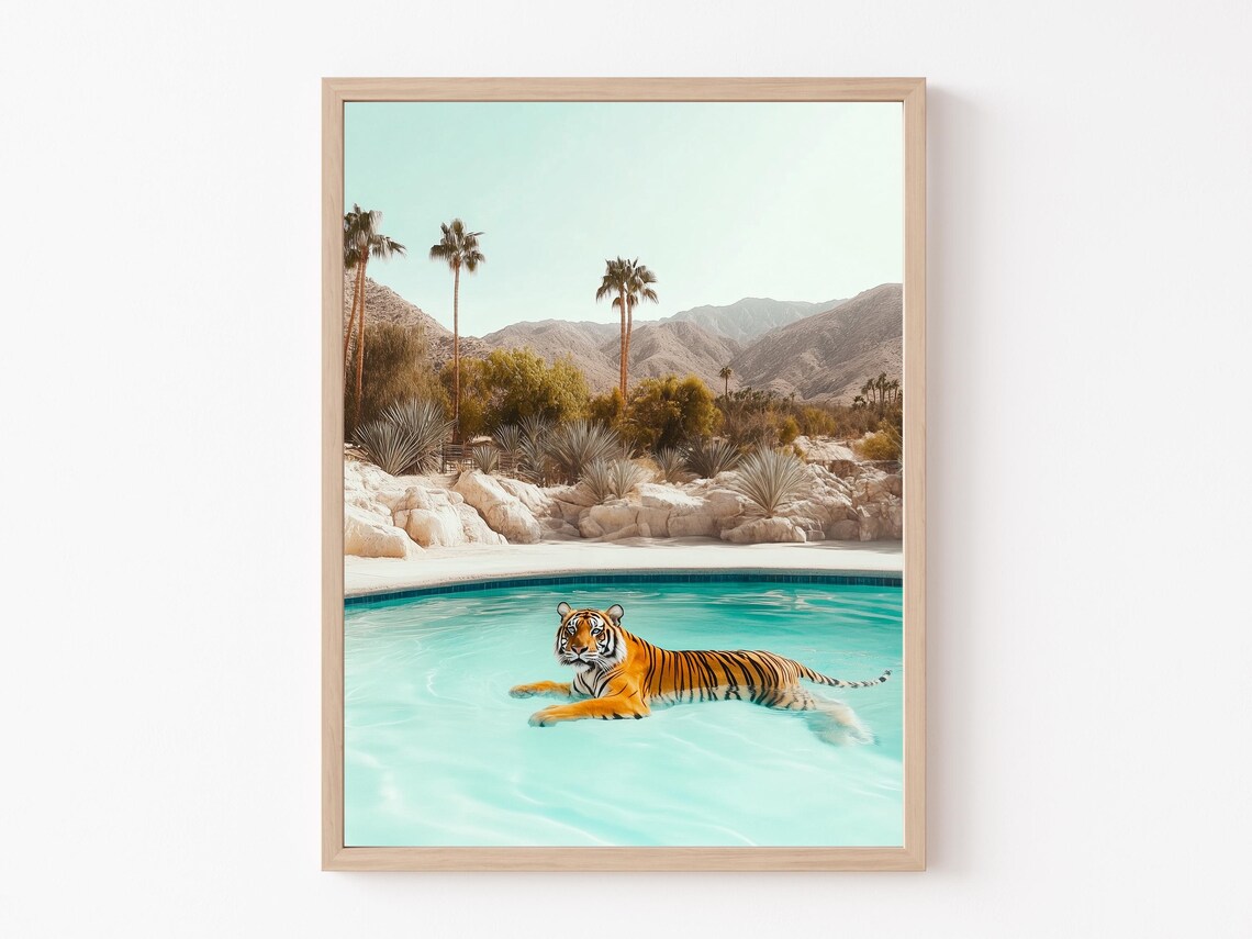 Tiger Swimming in a Palm Springs Pool Beneath Desert Mountains Poster