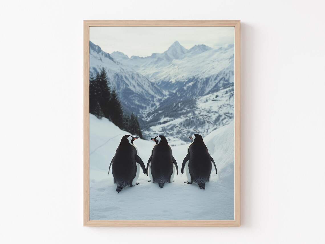 Heartwarming Trio of Penguins Admiring a Snowy Mountain Vista Poster