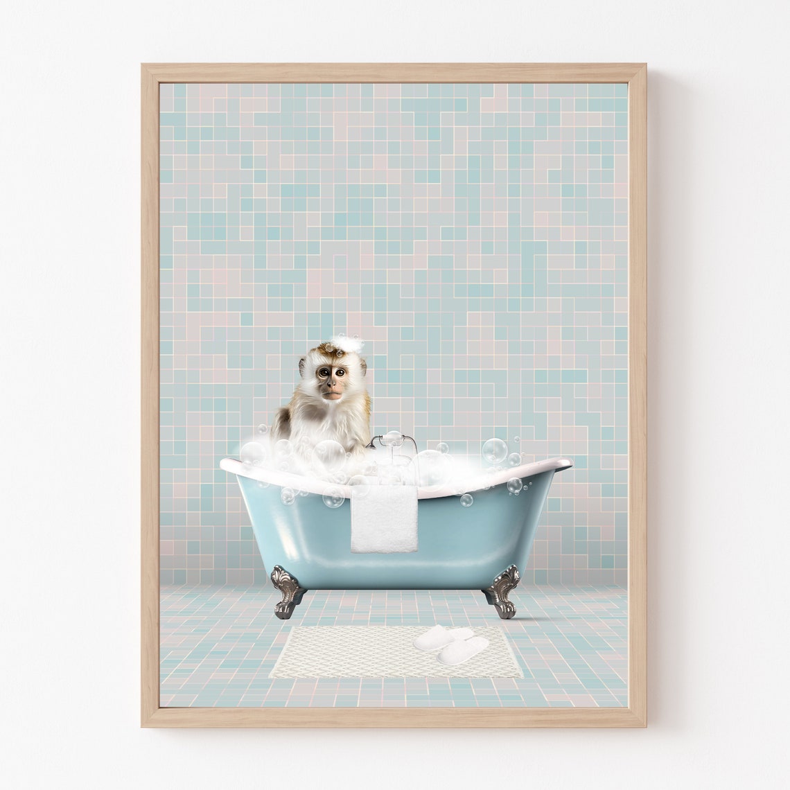 Cute Monkey In Bubble Bath Vintage Tub Funny Bathroom Poster