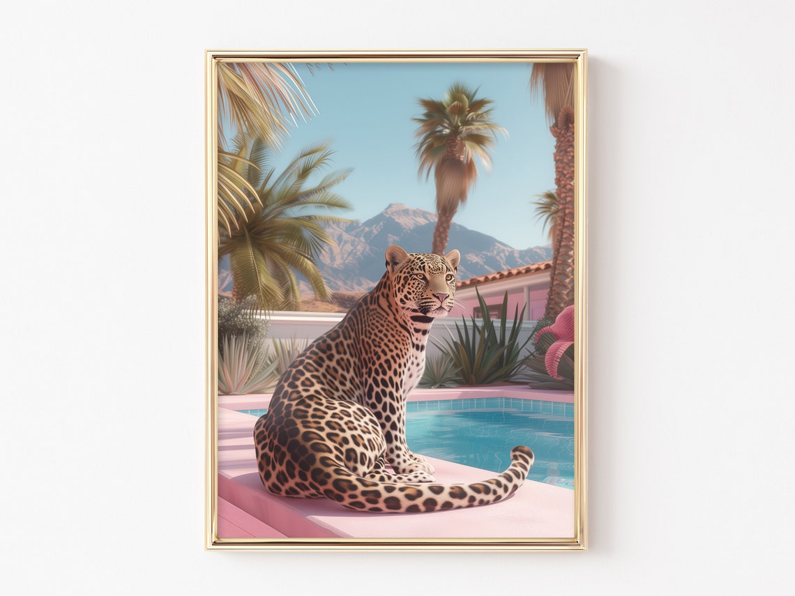 Spotted Jaguar Sitting By Pink Poolside With Palm Trees Wall Art