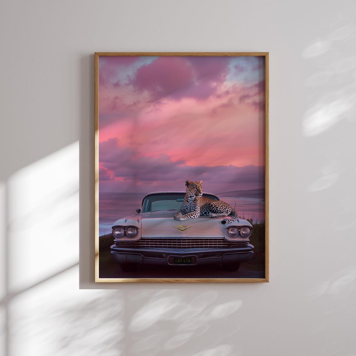 Cinematic Leopard on a Vintage Car Hood Under a Pink Sunset Poster - Image 2