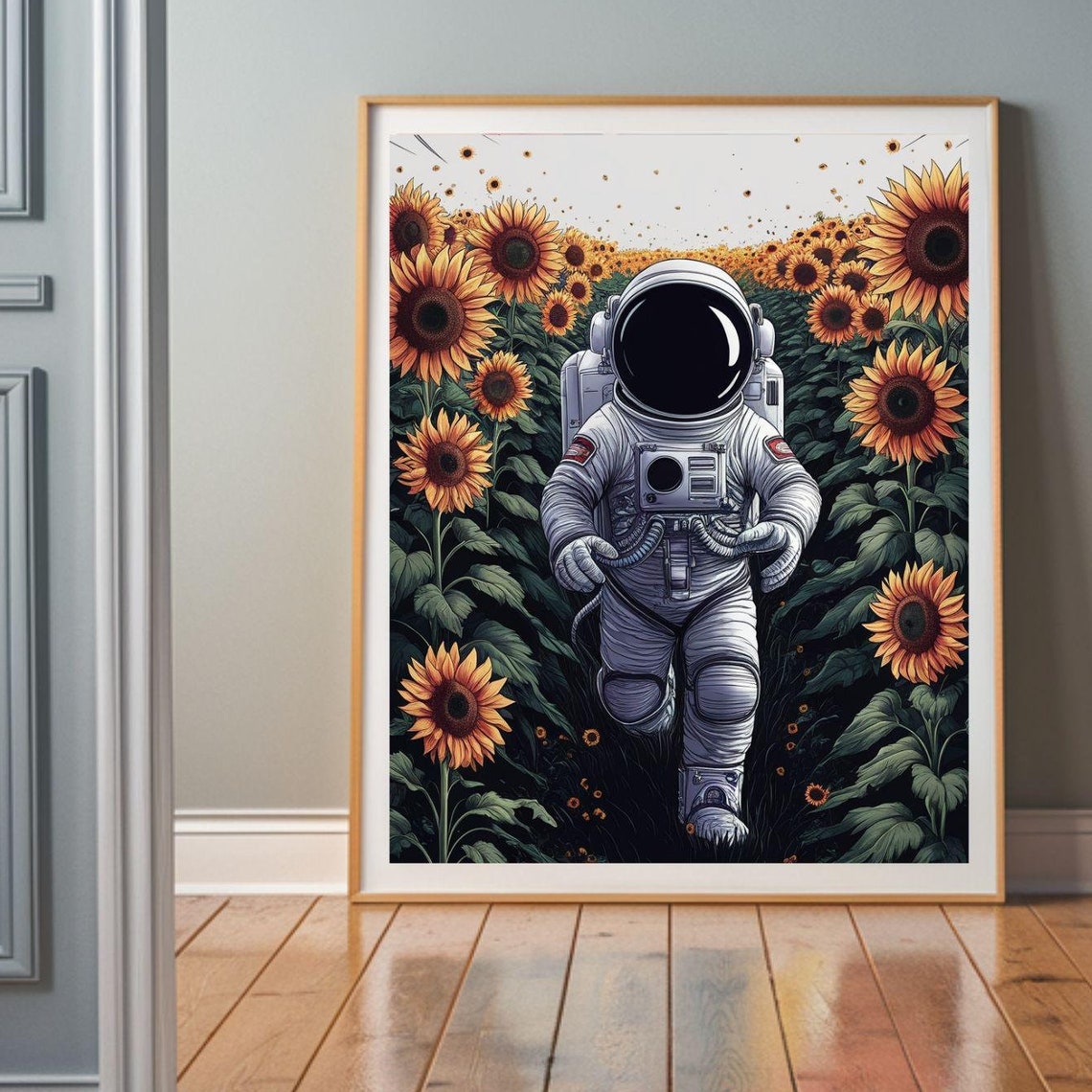 Astronaut Floating Among Sunflowers Surreal Space Art Poster