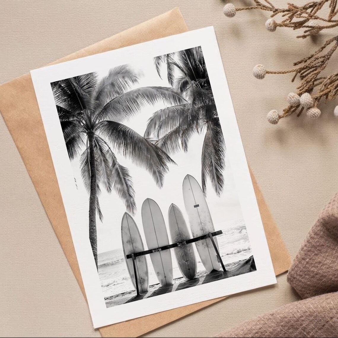 Surfboards On The Beach, Black and White Photo Art Print
