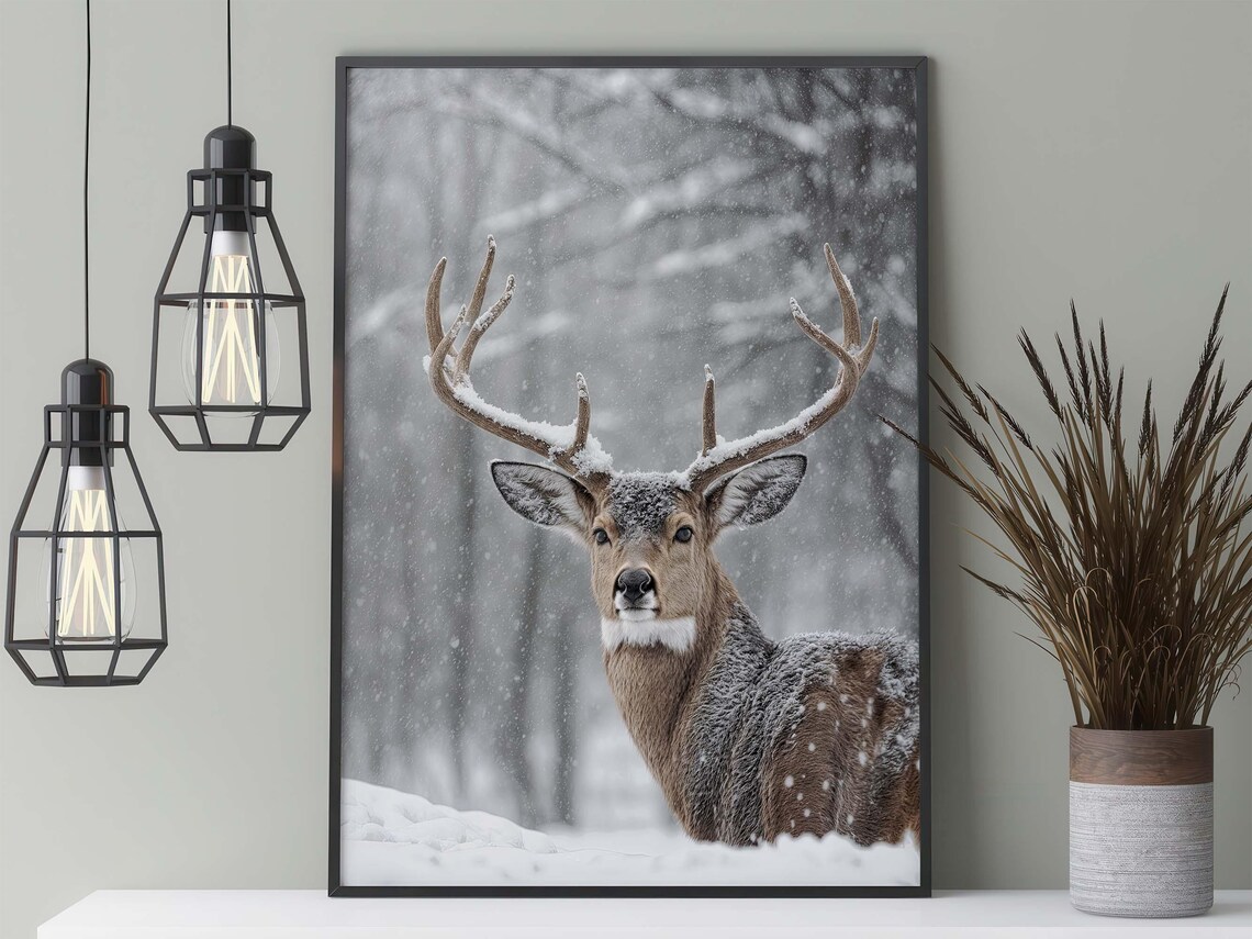 Deer In Winter Poster, Snowy Forest Wildlife - Image 3