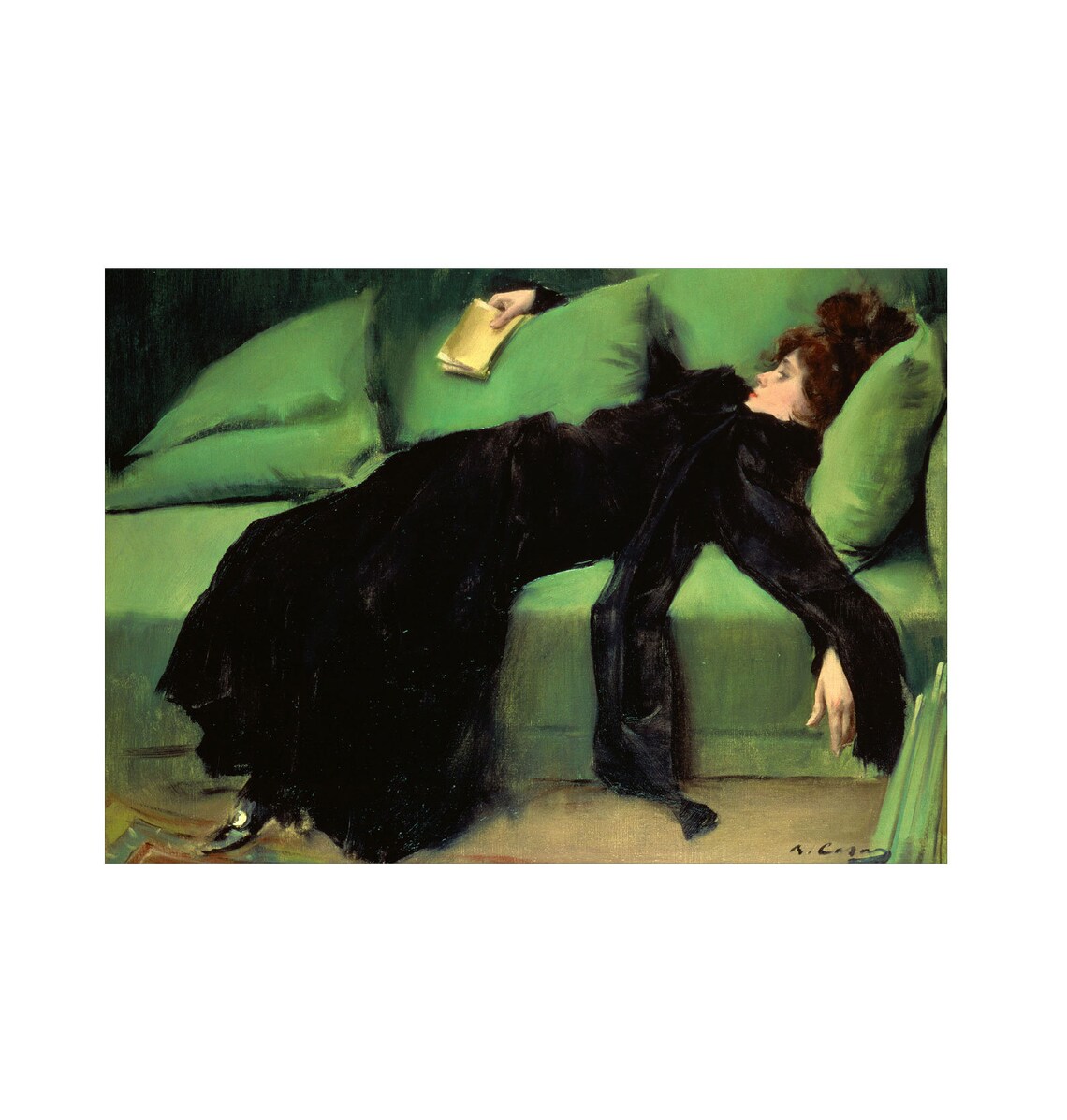 After the Ball by Ramon Casas Woman Resting on Green Sofa Poster - Image 3