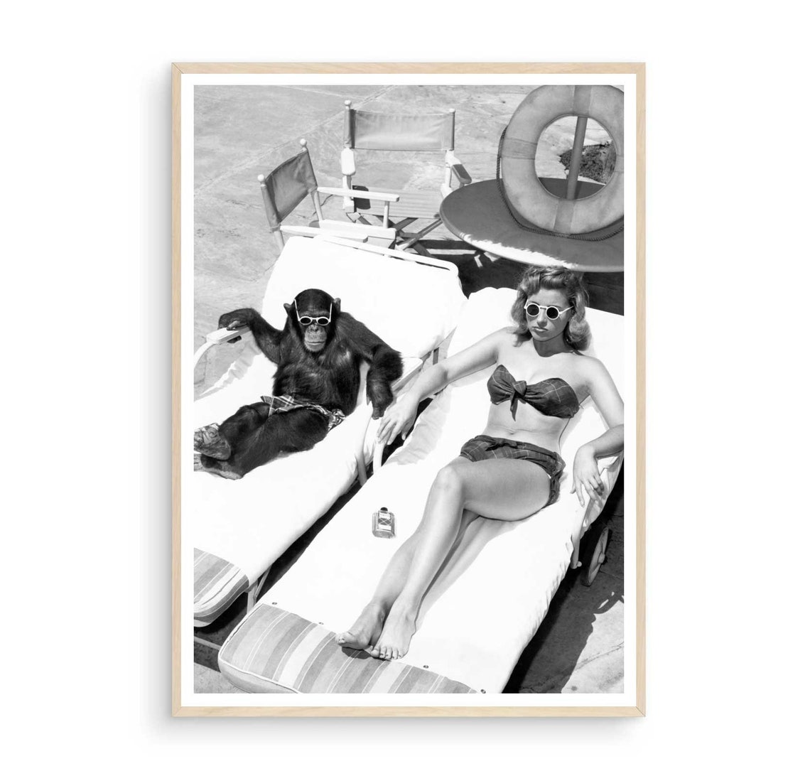Chimpanzee and Woman Sunbathing Sunglasses Vintage Photo Poster