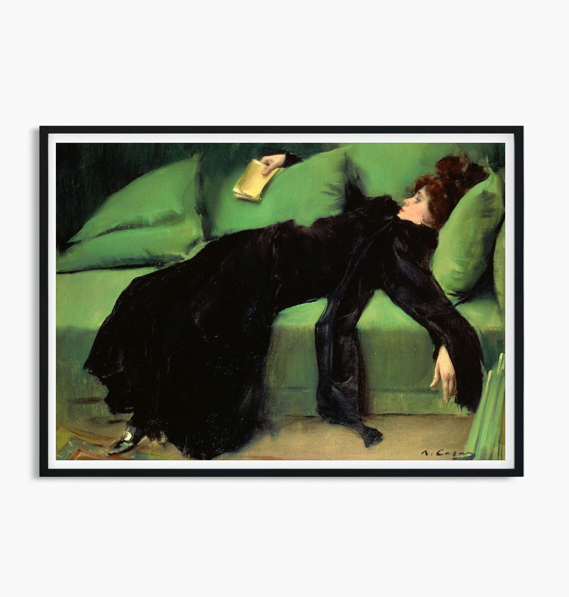 After the Ball by Ramon Casas Woman Resting on Green Sofa Poster