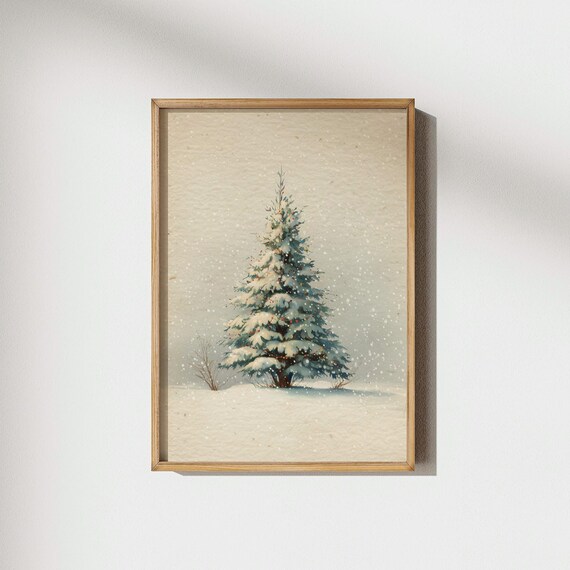 Snowy Christmas Tree Falling Snow Watercolor Winter Scene Poster