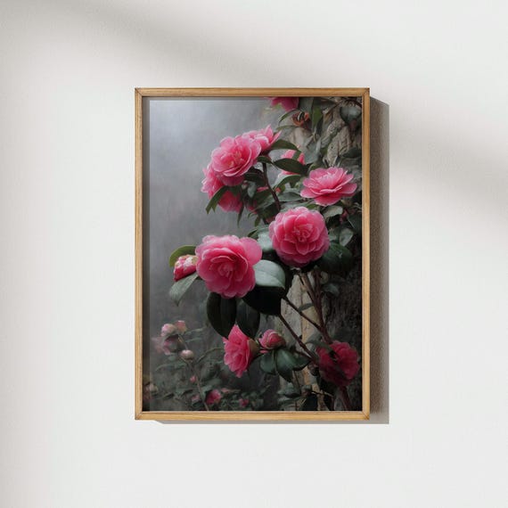 Pink Camellia Flowers Wall Art Romantic Floral Print Garden Decor Botanical Flower Elegant