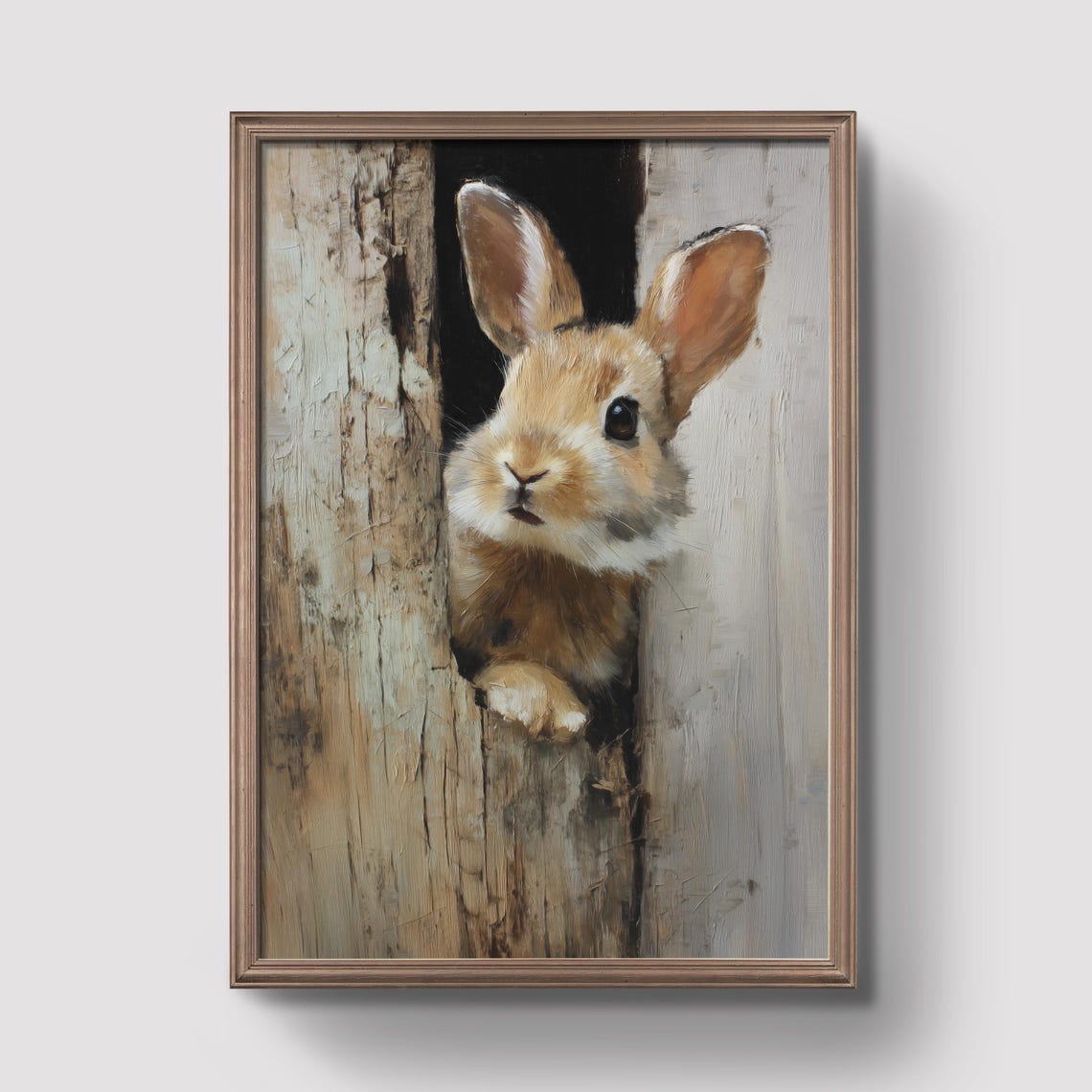 Curious Bunny Rabbit Peeking Through Rustic Wooden Hole Art Poster