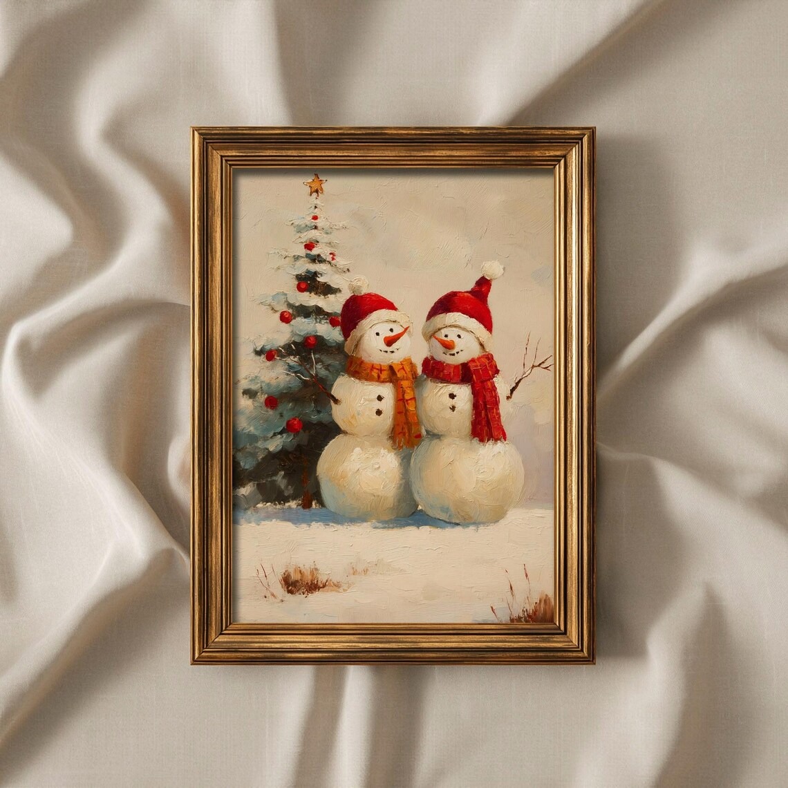 Two Snowmen Friends By Christmas Tree Vintage Oil Painting Art Poster