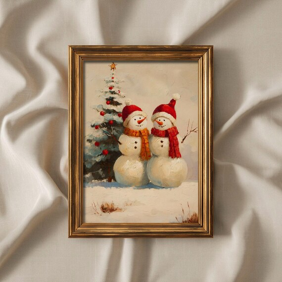 Two Snowmen Friends By Christmas Tree Vintage Oil Painting Art Poster