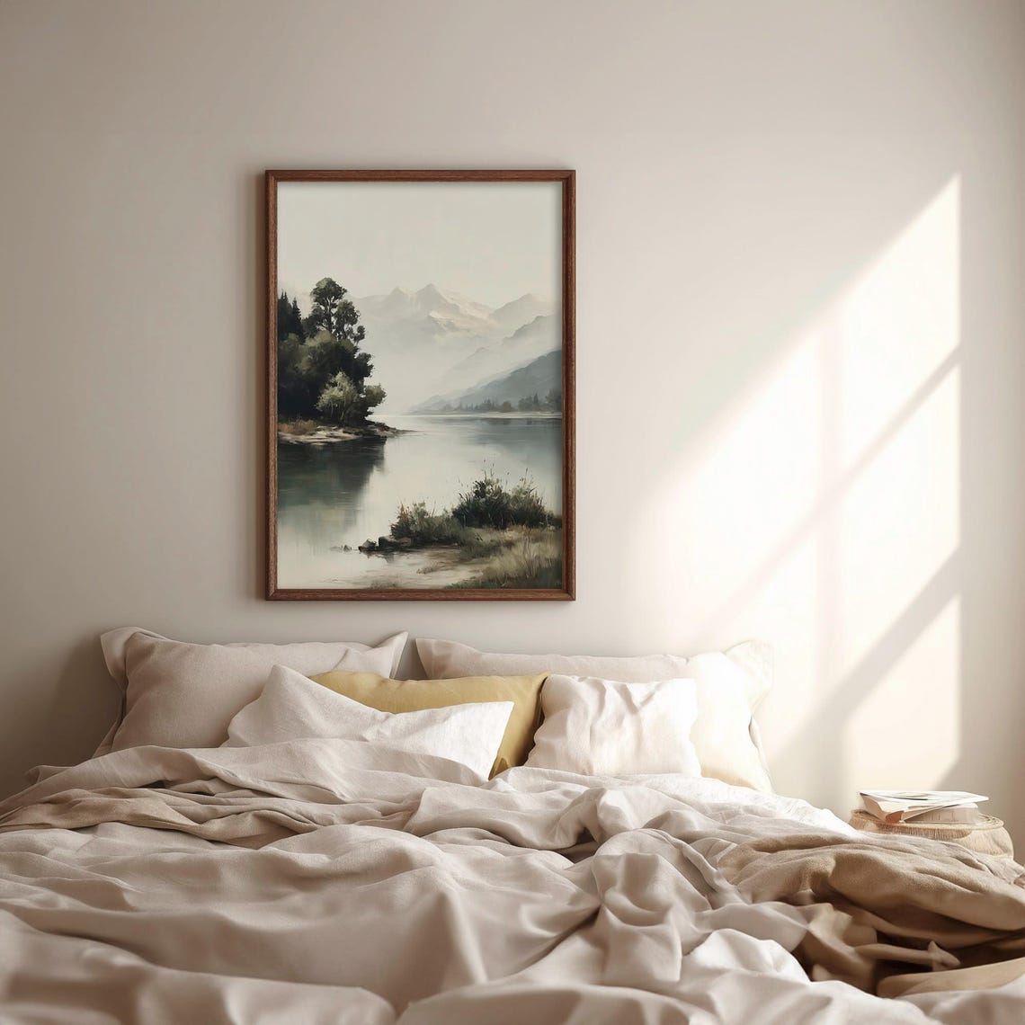 Mountain Lake Landscape Misty Nature Print Serene Water Reflection Art Neutral Wall Decor Prints