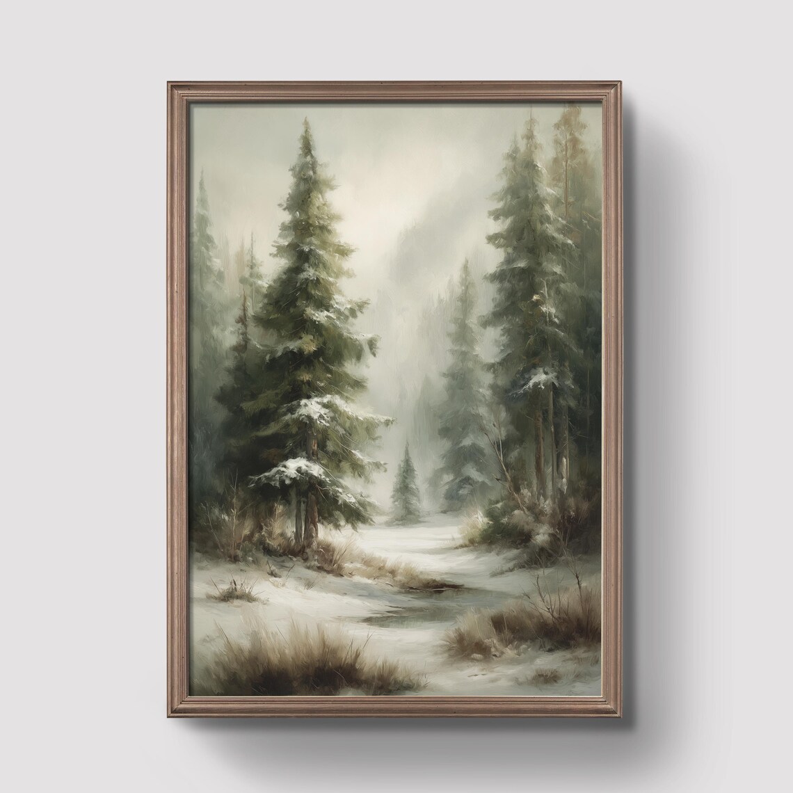 Snowy Pine Forest Vintage Winter Landscape Painting Art Poster