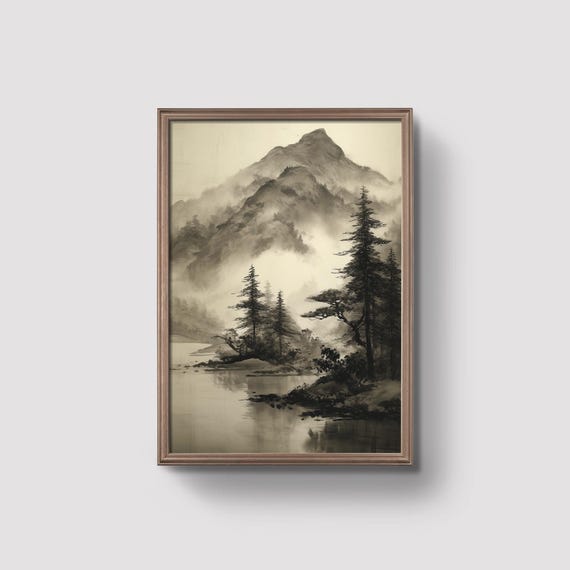 Moody Forest Wall Art Vintage Ink Landscape Misty Mountain Japandi Decor Neutral Tones Instant Prints