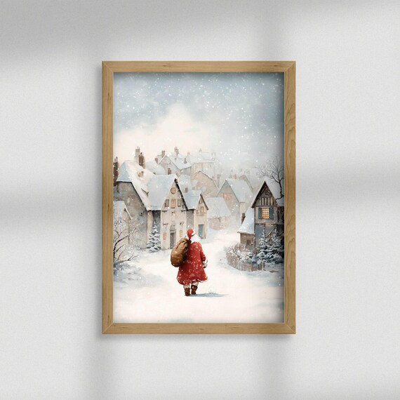 Santa Walking Through Snowy Village Watercolor Christmas Poster