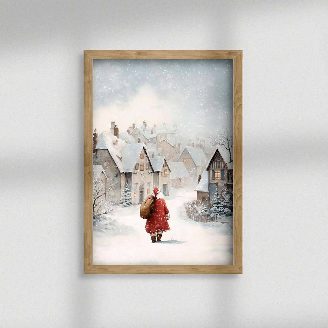 Santa Walking Through Snowy Village Watercolor Christmas Poster