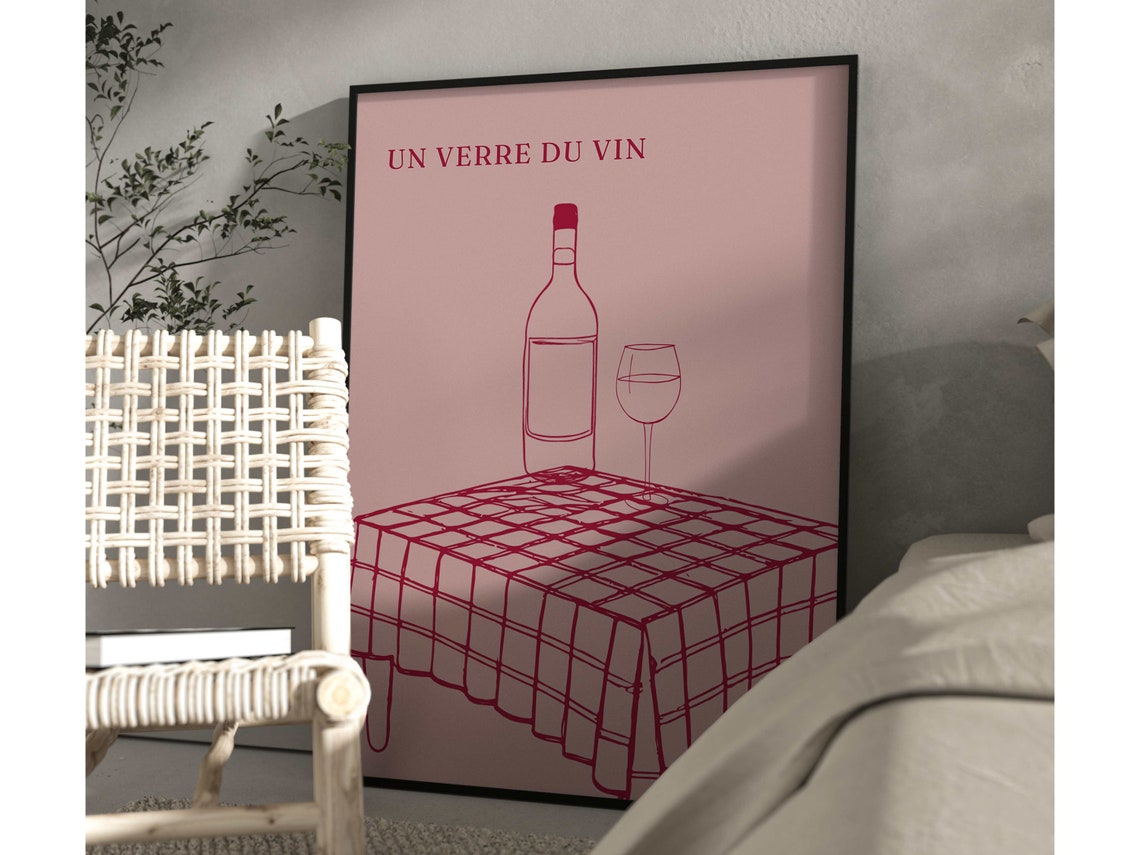 Un Verre Du Vin Pink Line Art French Wine Kitchen Decor Poster