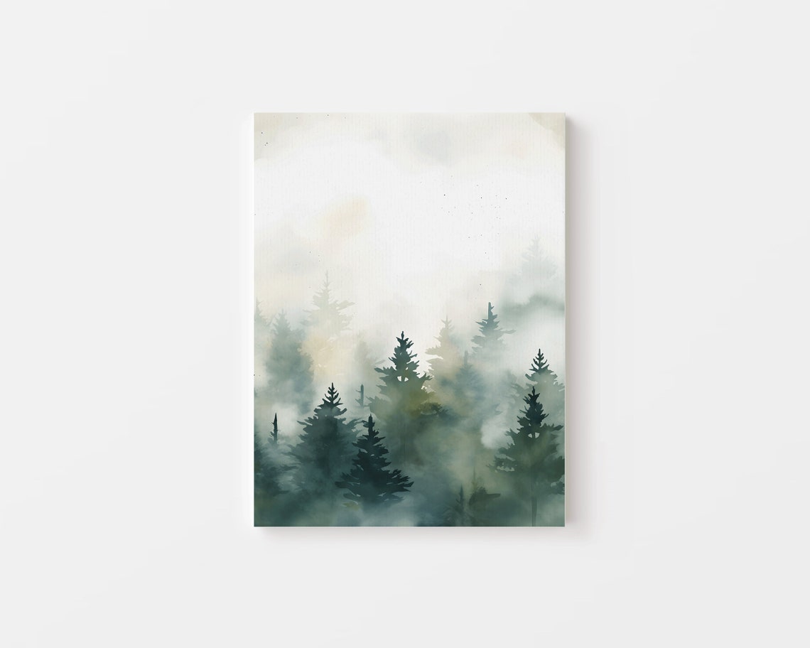 Misty Green Pine Forest Watercolor Dense Foggy Trees Wall Poster - Image 4