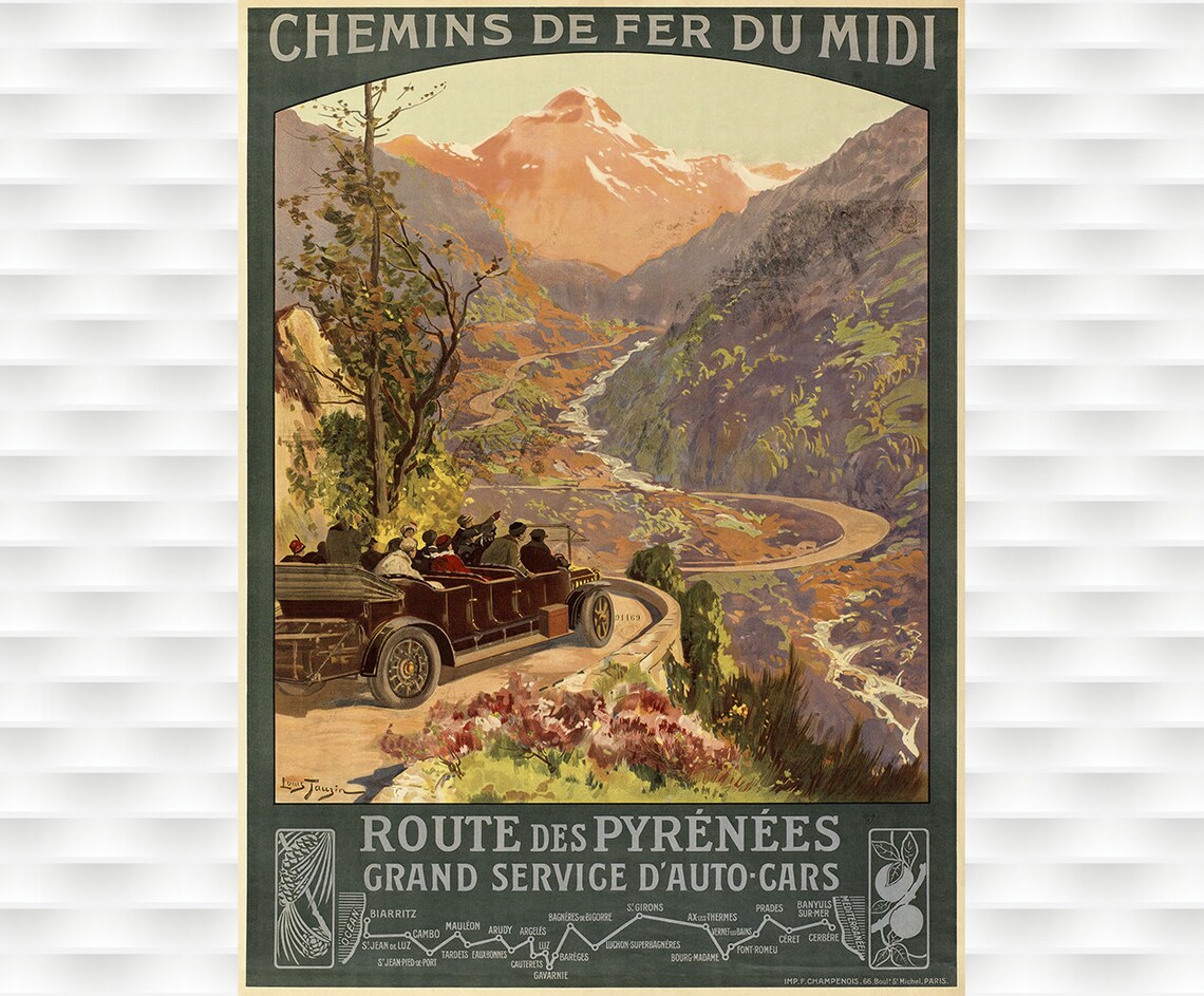 Chemins De Fer Du Midi Route Des Pyrenees French Vintage Travel Poster