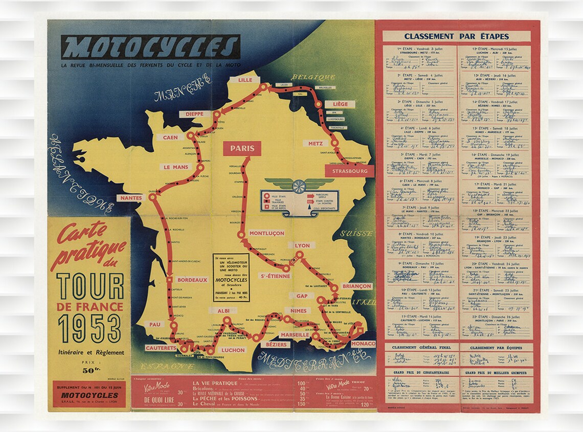 1953 Motocyclesl Tour De France Original Vintage Bicycle Poster Cycling Poster Bicycle Art Vintage Poster Cycling Art