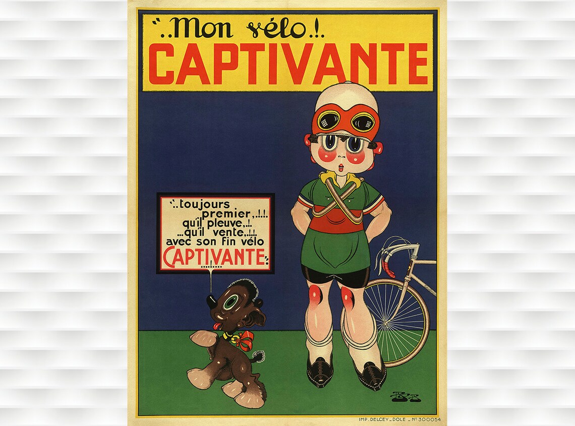 Captivante Mon Velo Cartoon Kid Cyclist French Vintage Bicycle Poster