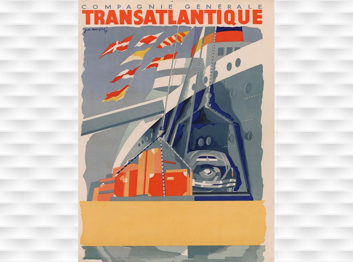 Compagnie Generale Transatlantique Ocean Liner Car Cargo Ship Poster