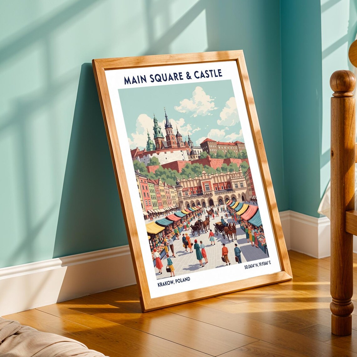 Krakow Main Square Castle Market Stalls Vintage Poland Travel Poster