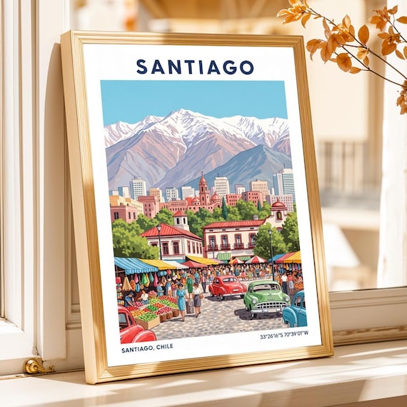 Santiago Chile Market Square Andes Mountains Vintage Travel Poster