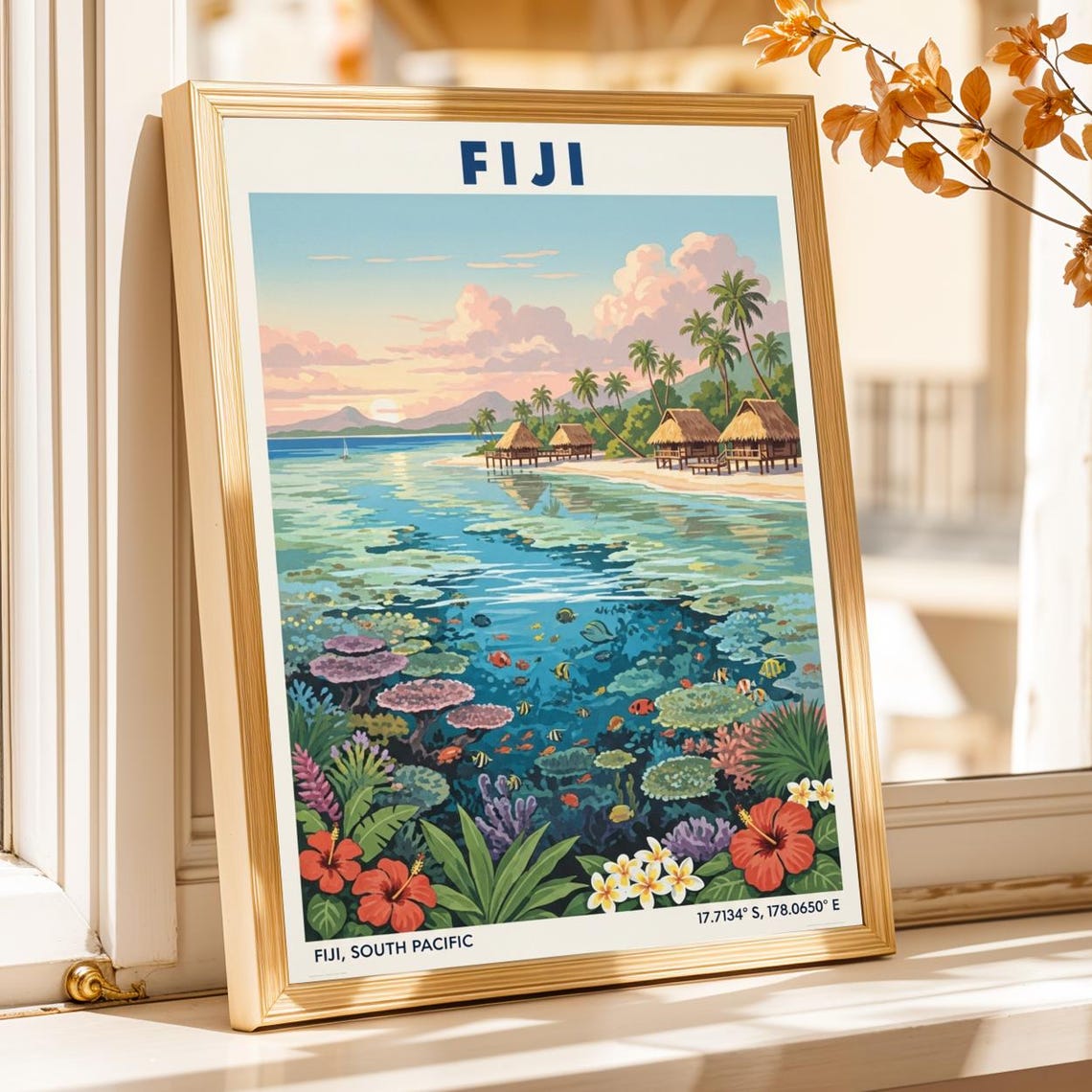 Fiji South Pacific Overwater Bungalows Coral Reef Travel Poster