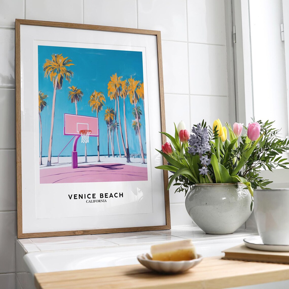 Venice Beach Basketball Court Retro Illustration Palm Trees Cali Poster