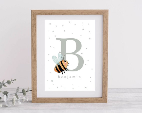 Personalised Bee Letter Illustration Art For Nurserykids Room