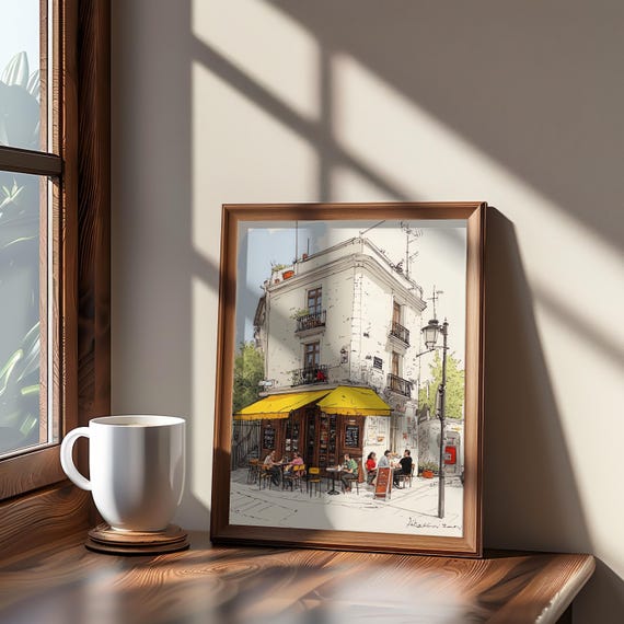 Midcentury Modern Diner Street Corner Illustration Watercolor Art Warm Pastel Tones Highly Detailed Vintage V