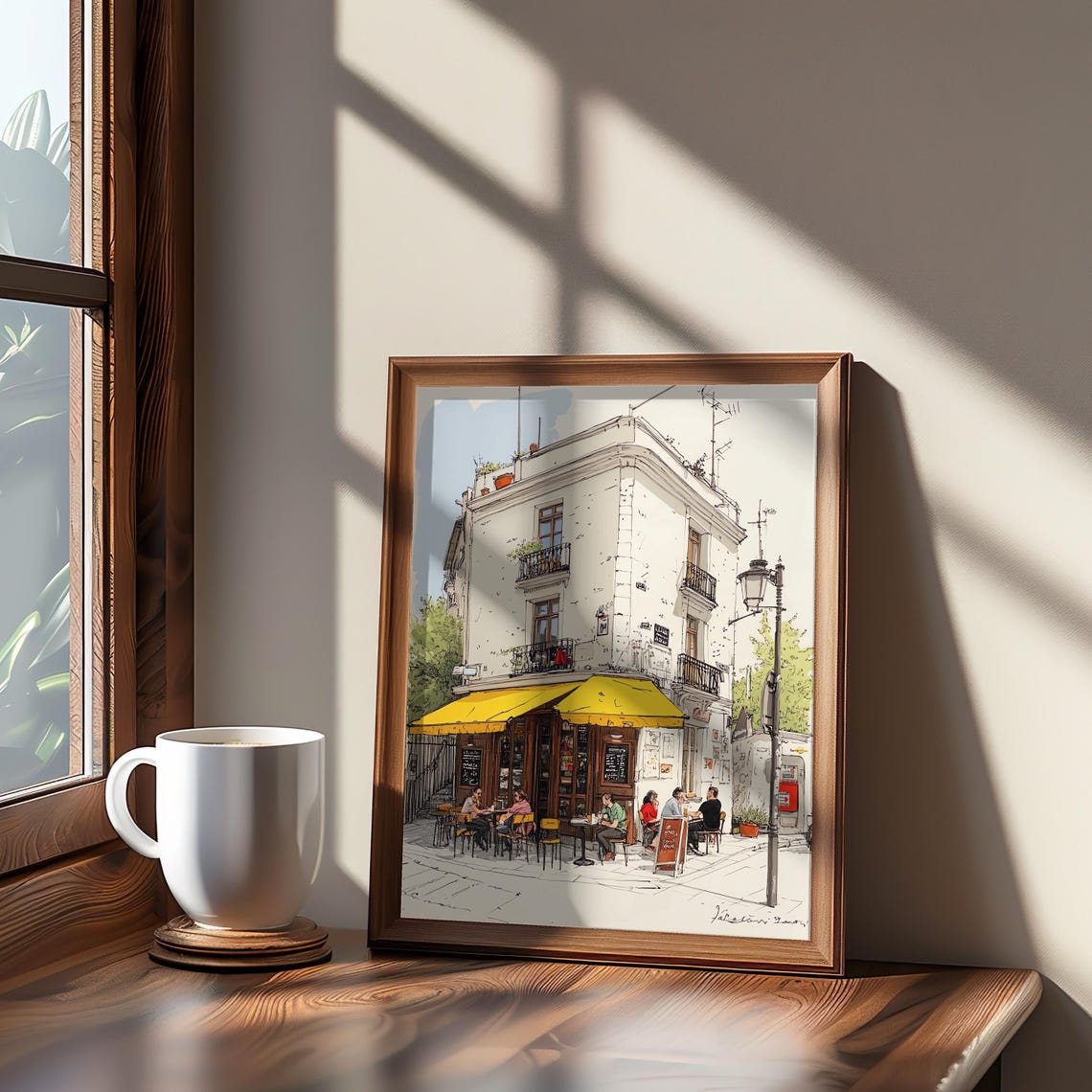 Midcentury Corner Cafe Yellow Awning Watercolor Street Scene Poster