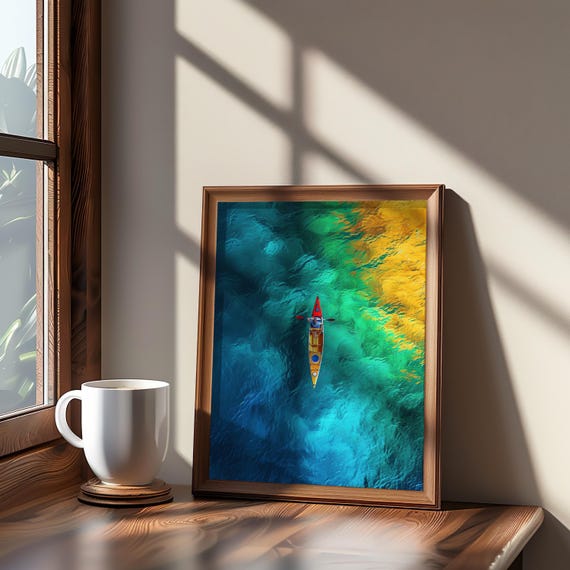 Aerial Kayak Paddling Impressionist Oil Painting Vibrant Colors Warm Tones Photo Manipulation Art Unique Wall Decor