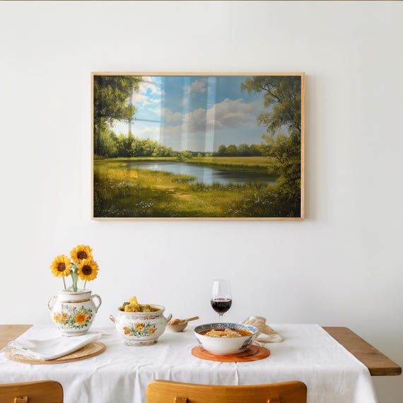 Impressionist River Landscape Oil Acrylic Painting Warm Color Palette Dreamlike Aura Photorealistic Art Glossy Finish