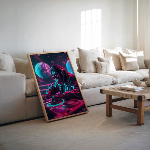 Monkey Dj On Turntable Synthwave Poster Retrofuturism Neon Vibe Cinematic Glow Effects Cool Tones