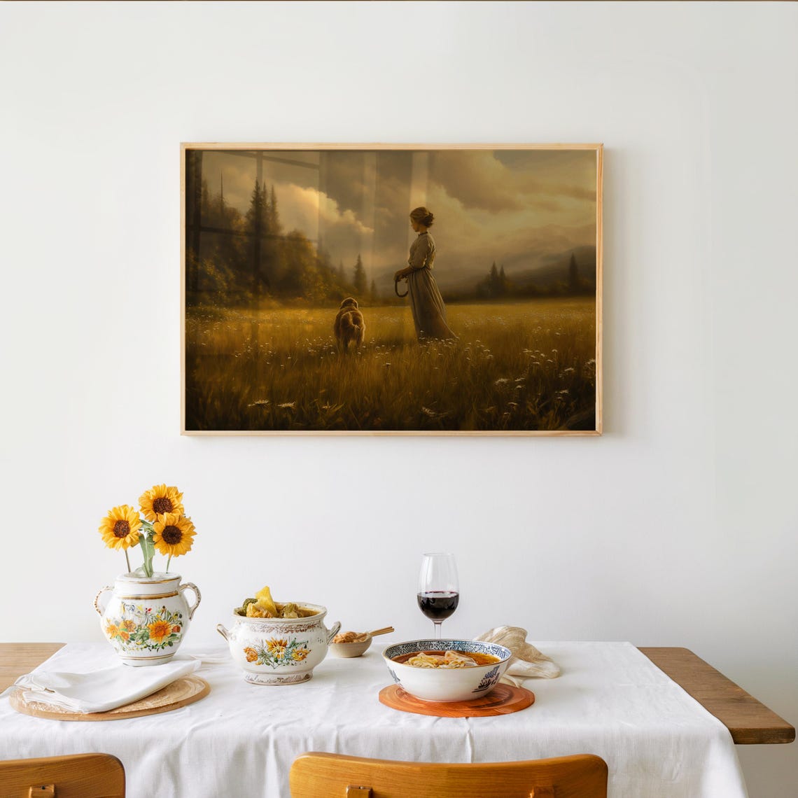 Woman Dog Golden Wheat Field Dusk Warm Oil Painting Art Poster