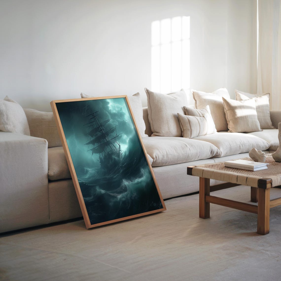 Tall Ship in Stormy Teal Sea Dramatic Dark Nautical Art Poster