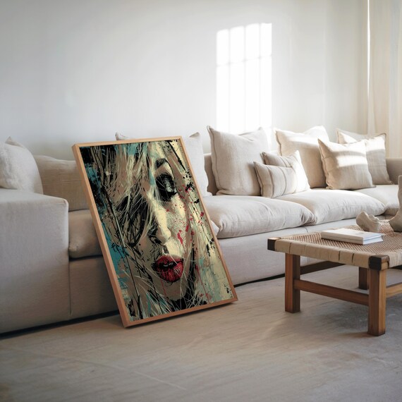 Pop Art Woman Face Gritty Portrait Teal Tones Red Lips Paint Splatter Poster