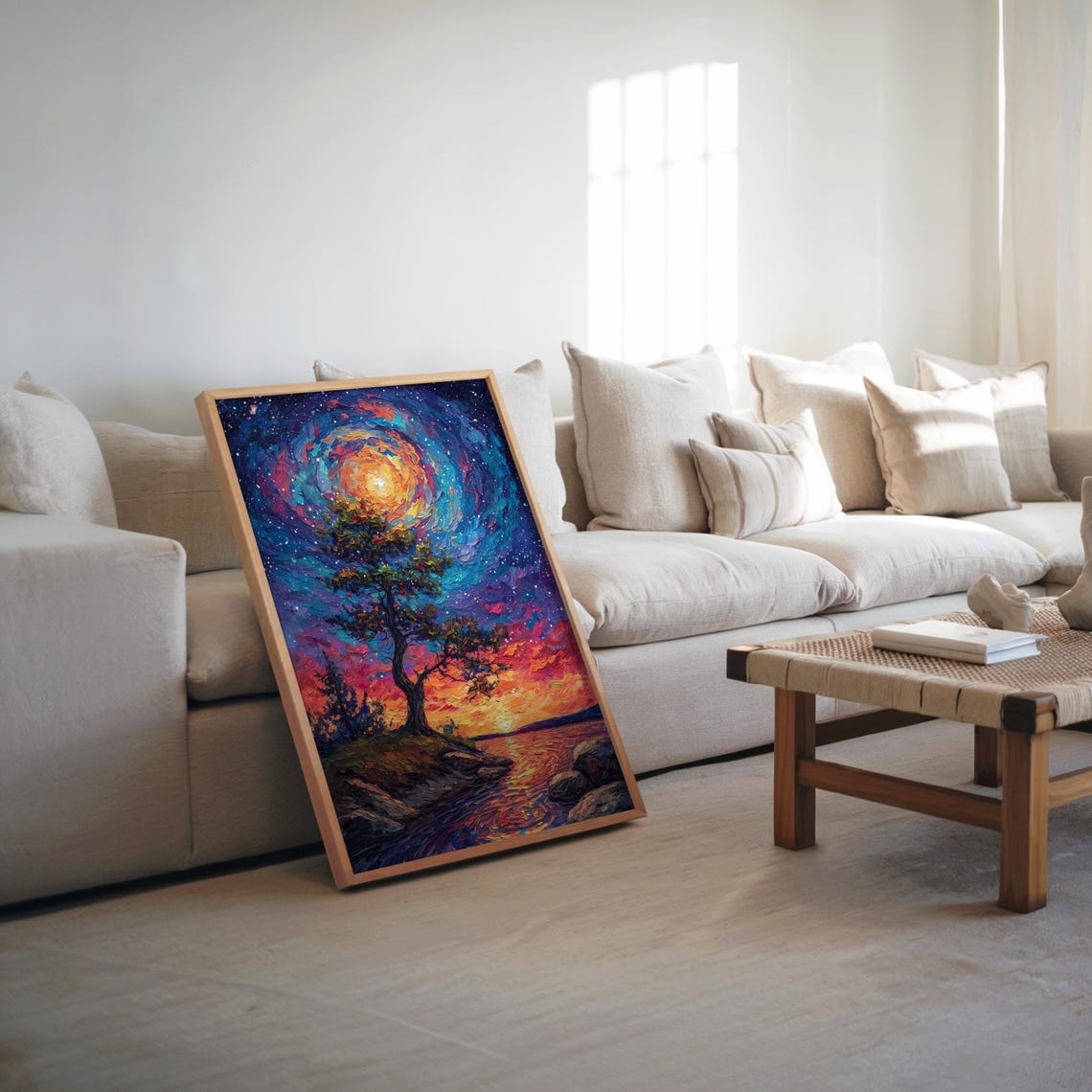 Dreamy Lone Tree Sunset Starry Sky Lake Reflection Art Print