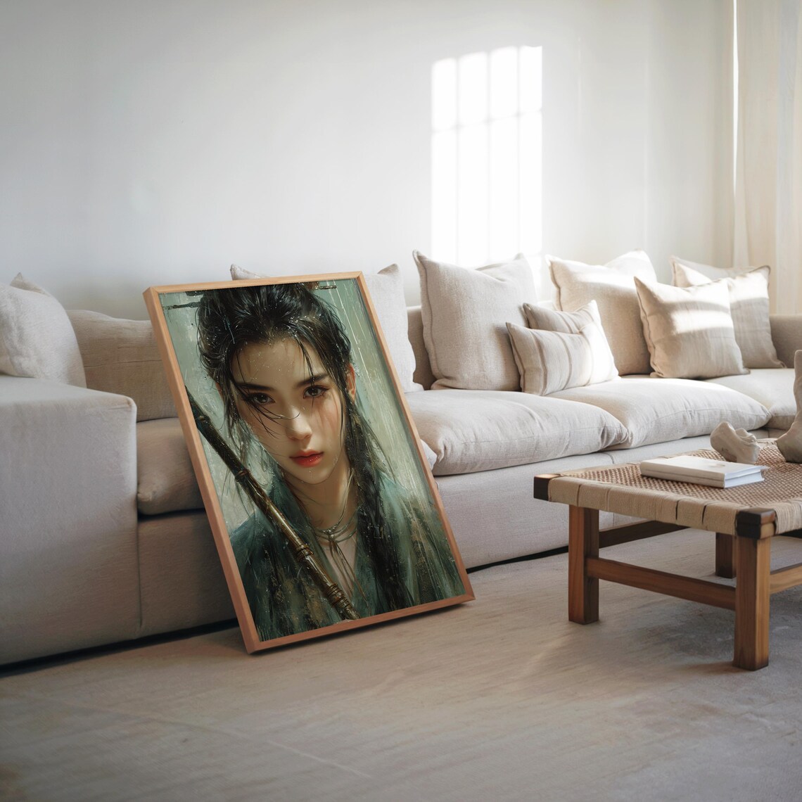 Rainy Anime Woman Warrior Rain Oil Painting Pastel Style Poster