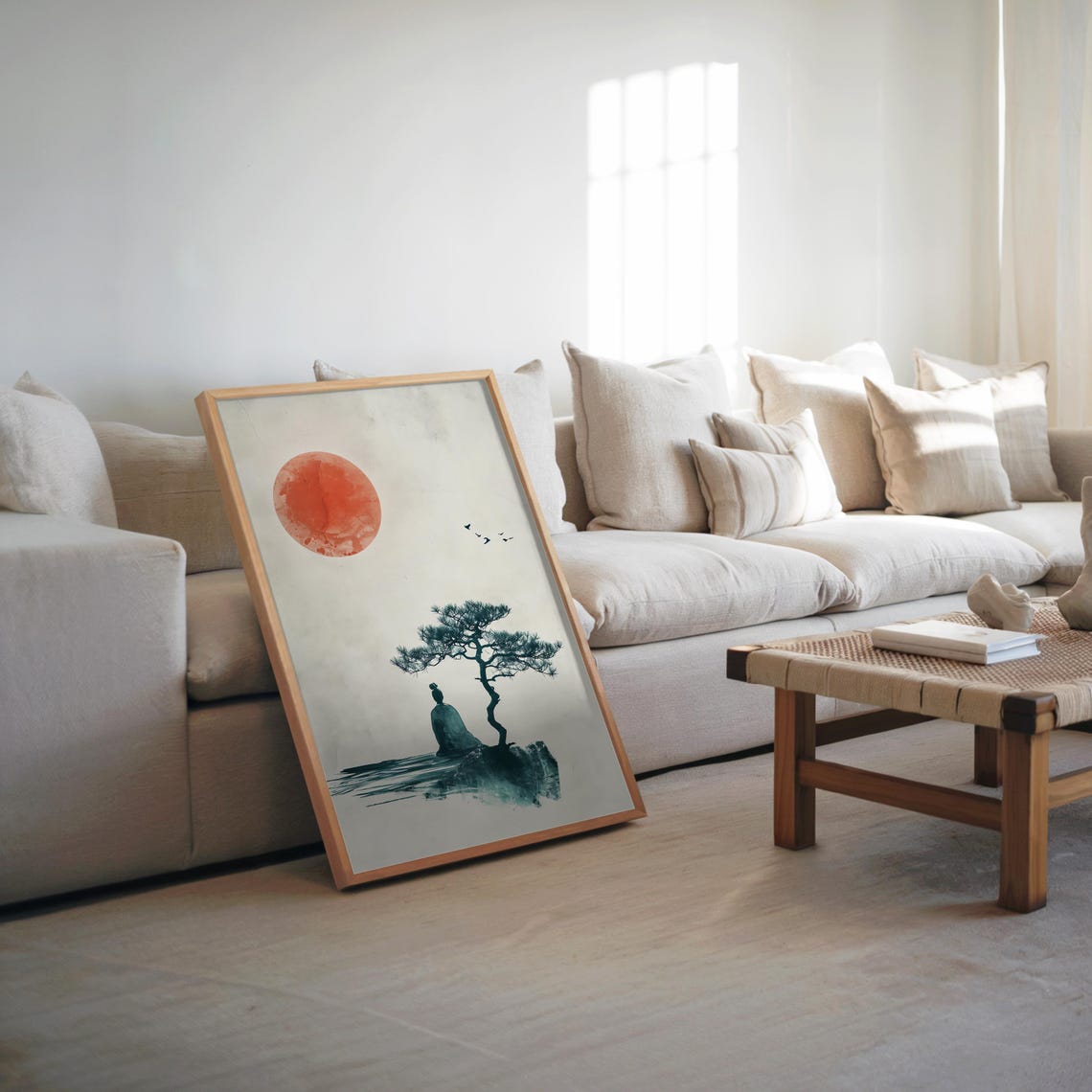 Minimalist Halftone Rock Tranquil Tree Art Red Sun Illustration Modern Print Abstract Artwork Nature Inspired Wall Decor