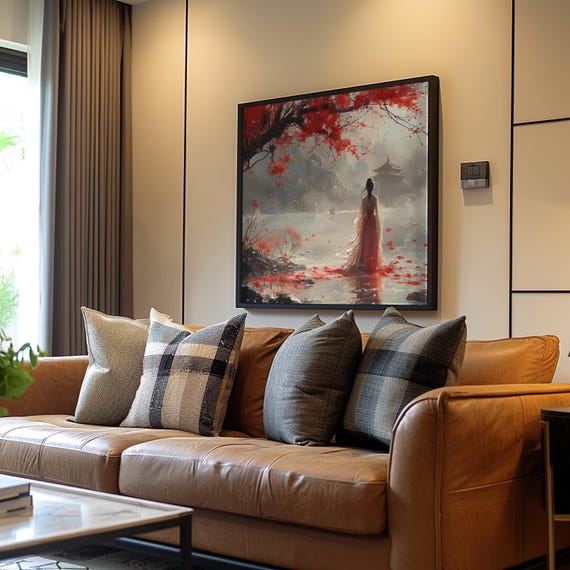 Impressionistic Woman Water Tree Scene Oil Art Warm Tones Dreamy Ambiance Wall Poster Decorative Print