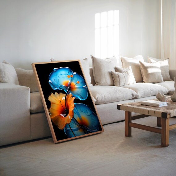Blue Orange Glass Flowers Black Background Poster Modern Floral Art